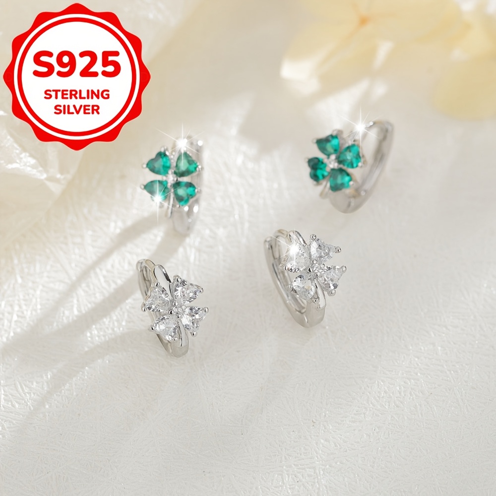 2pcs Women's S925 Silver Emerald Clover Stud Earrings